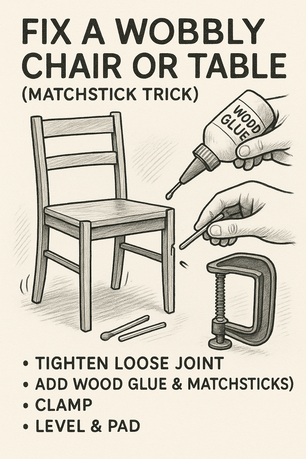Using wooden matchsticks and glue to tighten a loose chair joint